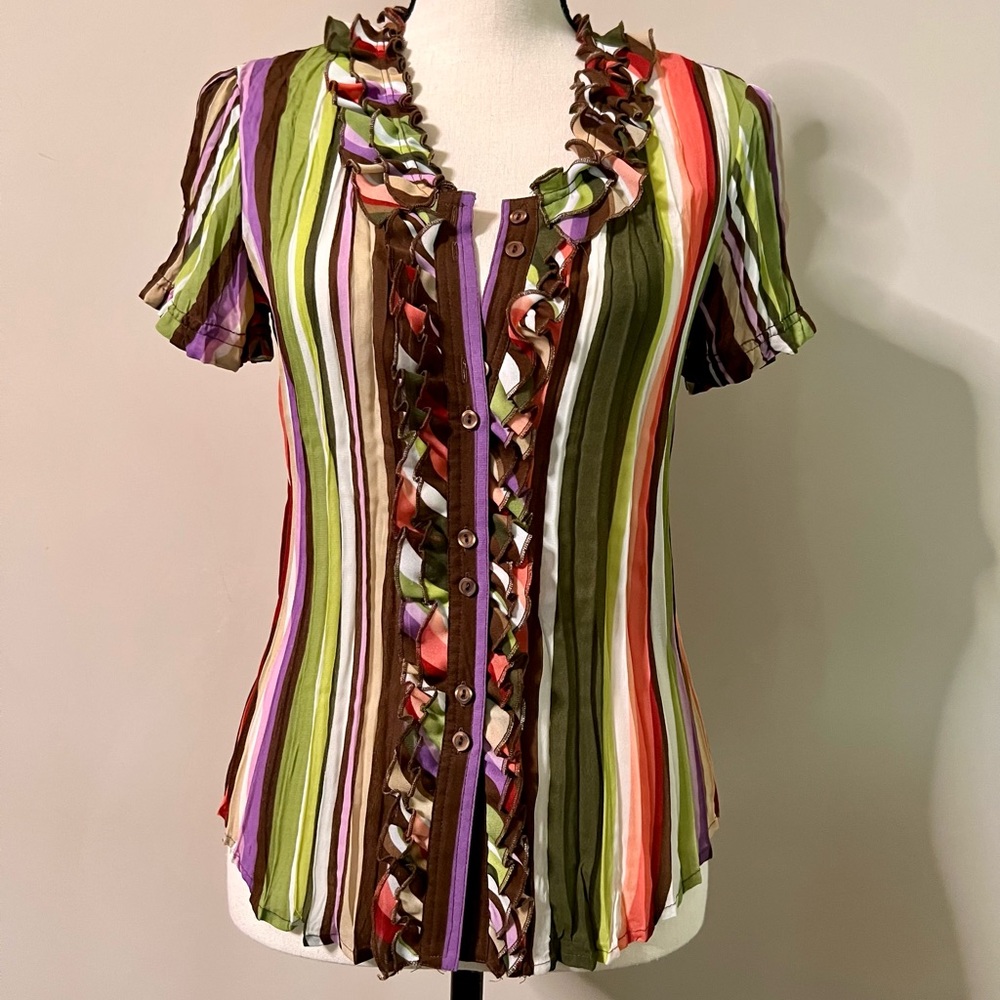 Allison Taylor Vibrant RETRO Ruffle Sheer Button Up Blouse